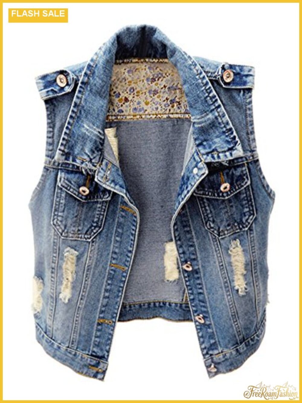 Denim Jean Vest Classic Junior Button Up Cropped Distressed Sleeveless Jean